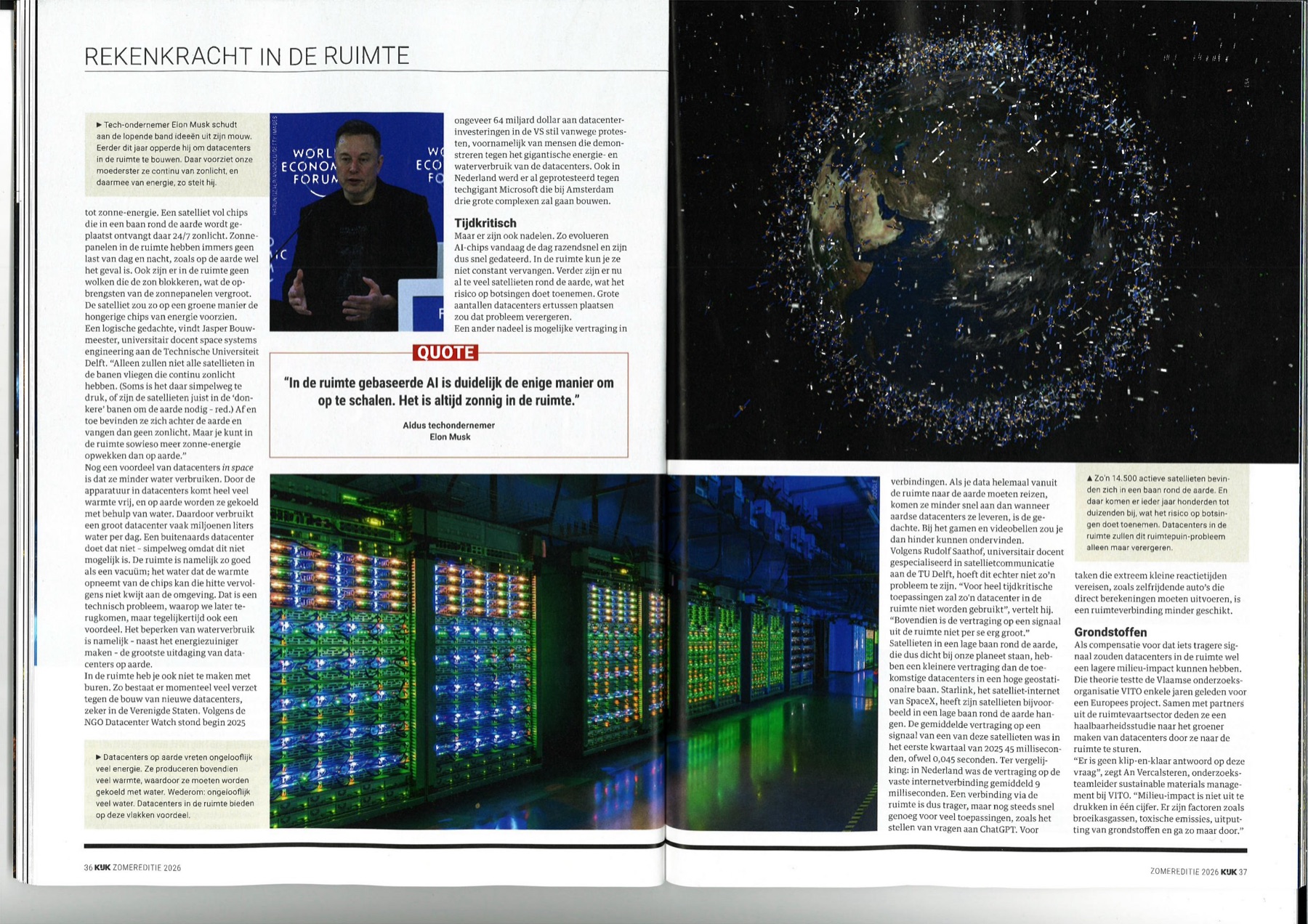 The article weighs 24/7 sunlight against latency and space debris (pp. 36-37).