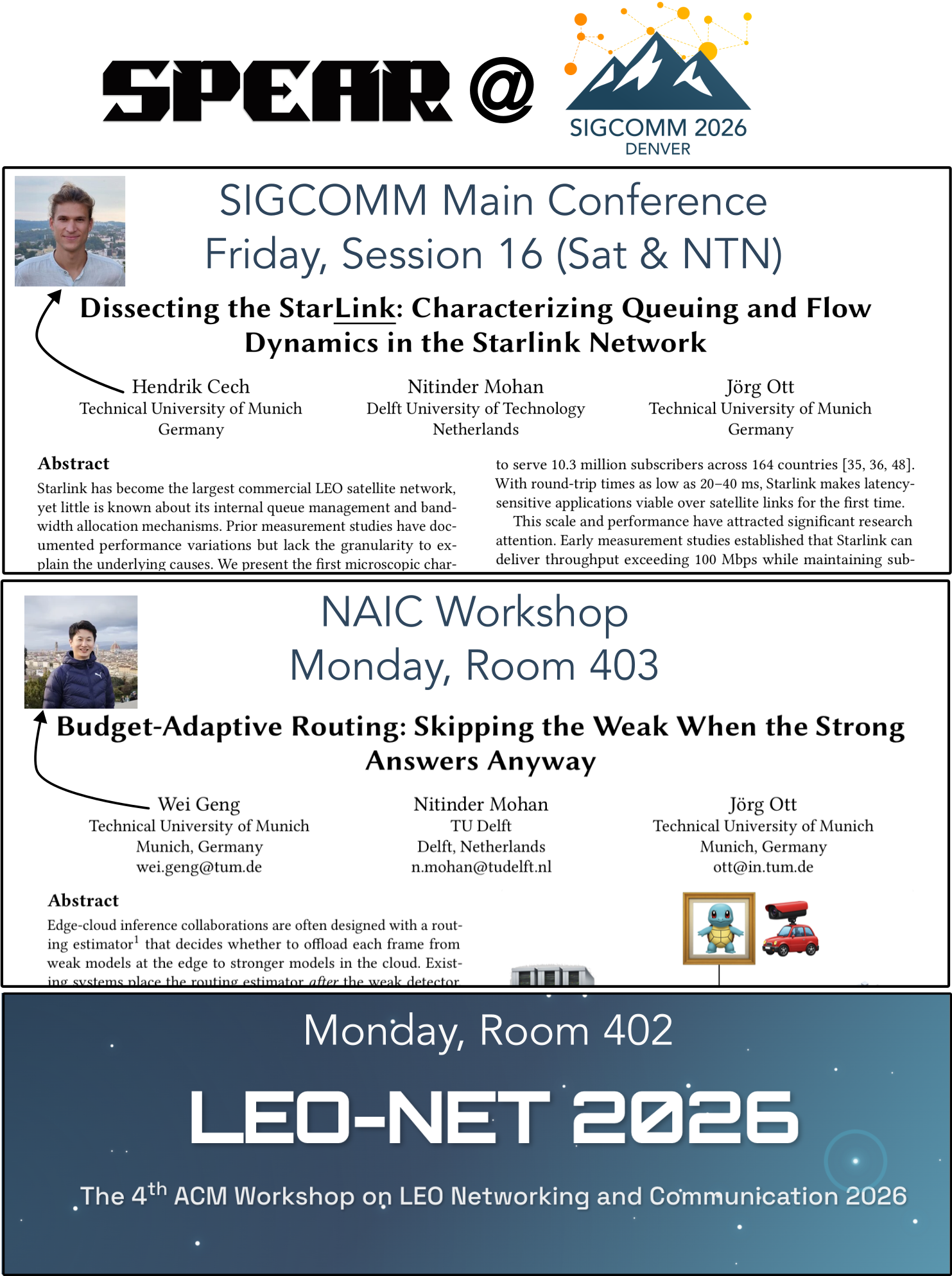 SPEAR @ SIGCOMM 2026: Starlink Internals, Budget-Adaptive Edge AI, and LEO-NET in Denver