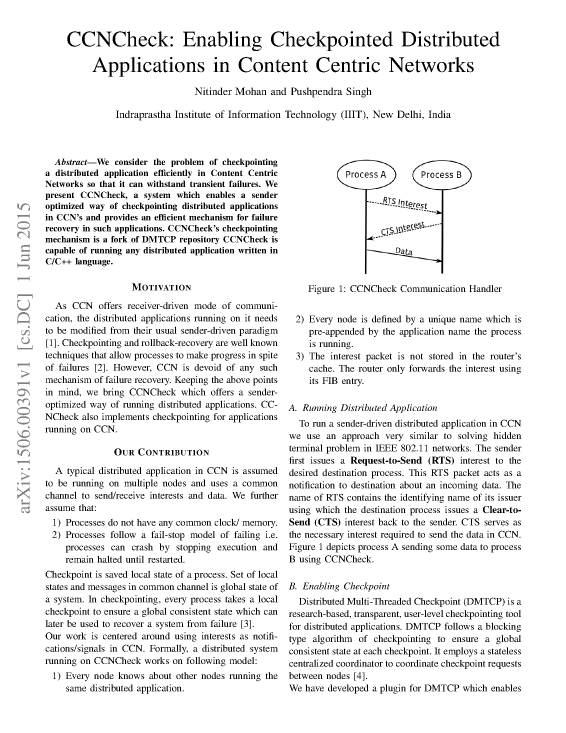 CCNCheck: Enabling Checkpointed Distributed Applications in Content Centric Networks