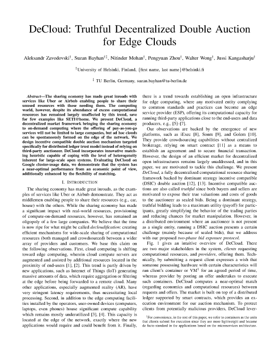 DeCloud: Truthful Decentralized Double Auction for Edge Clouds