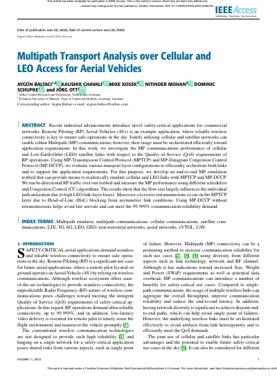 Multipath Transport Analysis over Cellular and LEO Access for Aerial Vehicles