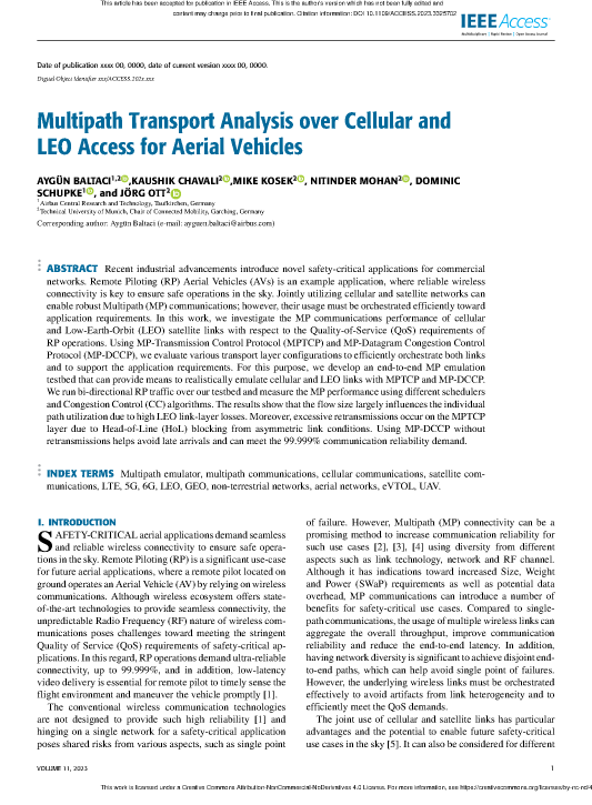 Multipath Transport Analysis over Cellular and LEO Access for Aerial Vehicles