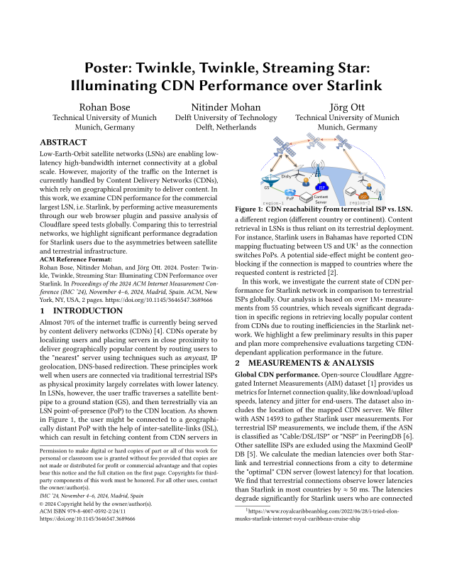 [Poster] Twinkle, Twinkle, Streaming Star: Illuminating CDN Performance over Starlink