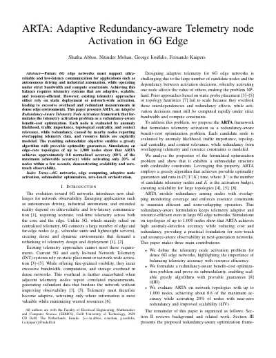 ARTA: Adaptive Redundancy-aware Telemetry Node Activation in 6G Edge