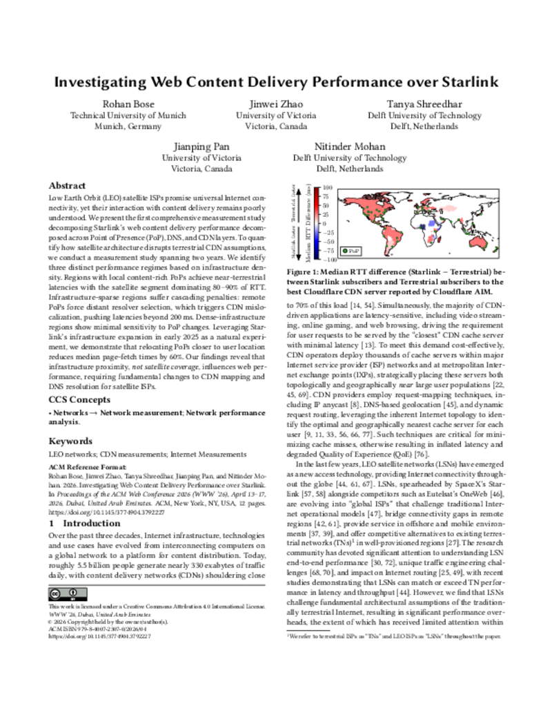 Paper on Web Content Delivery over Starlink Accepted at WWW 2026